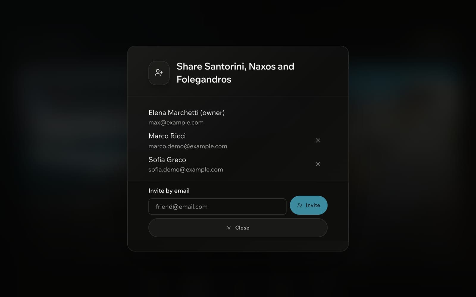 A share dialog for the Greek-islands trip listing the owner and two invited travel companions, with an invite-by-email field.