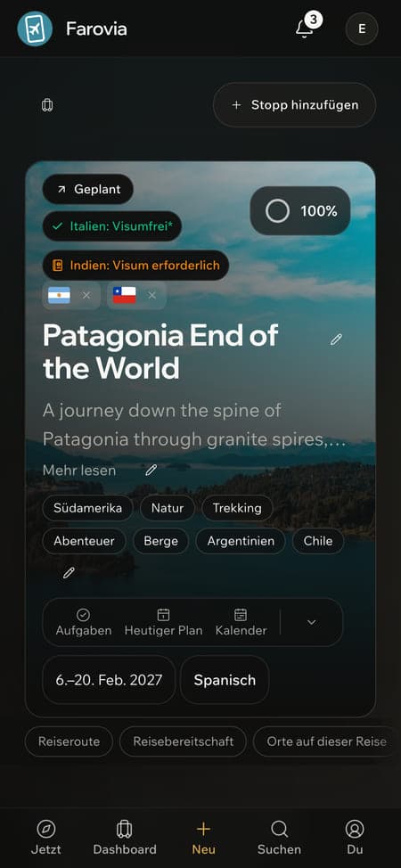 Die Patagonien-Reiseseite auf dem Smartphone: Titelbild, die Visa-Plaketten für zwei Pässe, der Titel und die Tags der Reise.