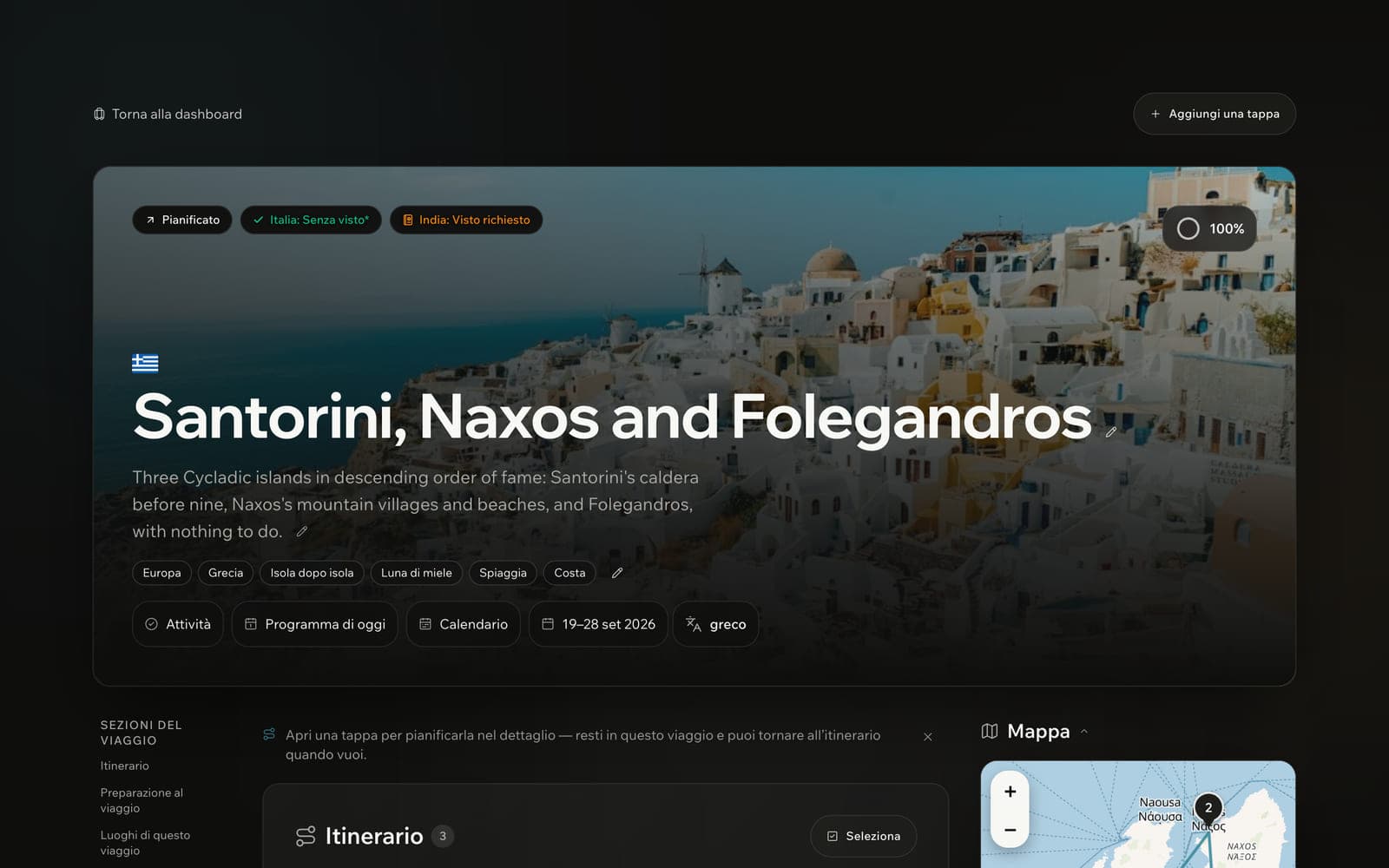 Dashboard personale che dà il benvenuto a Elena Marchetti, con il prossimo viaggio in evidenza e una ripartizione per stato: pianificati, completati e bozze.