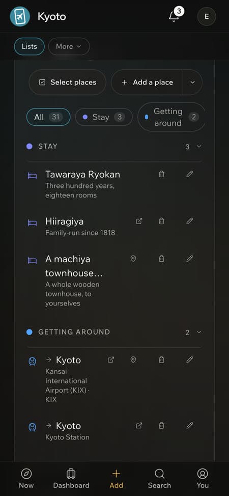 A curated list of Kyoto stays and restaurants on a phone, each with a short description.